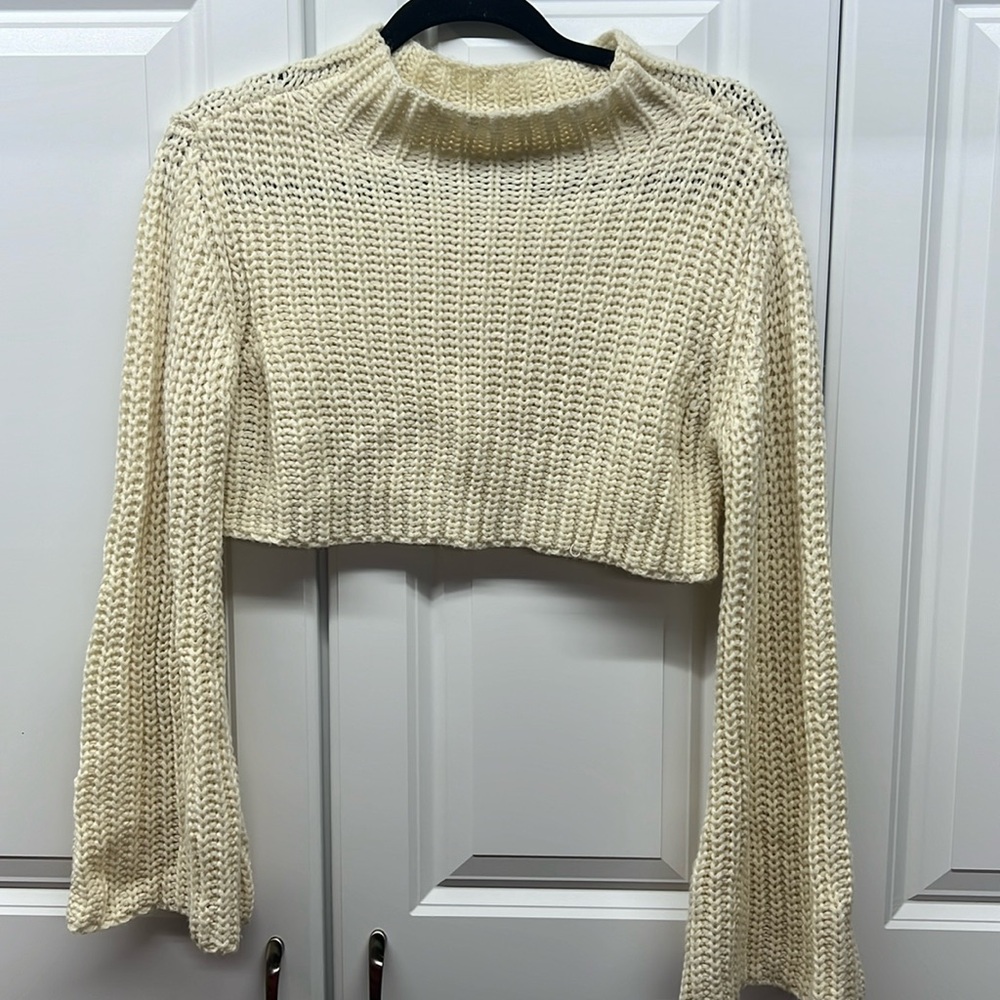 SHEIN Cream Cropped Knit Sweater Mock Neck Bell Sleeve Small